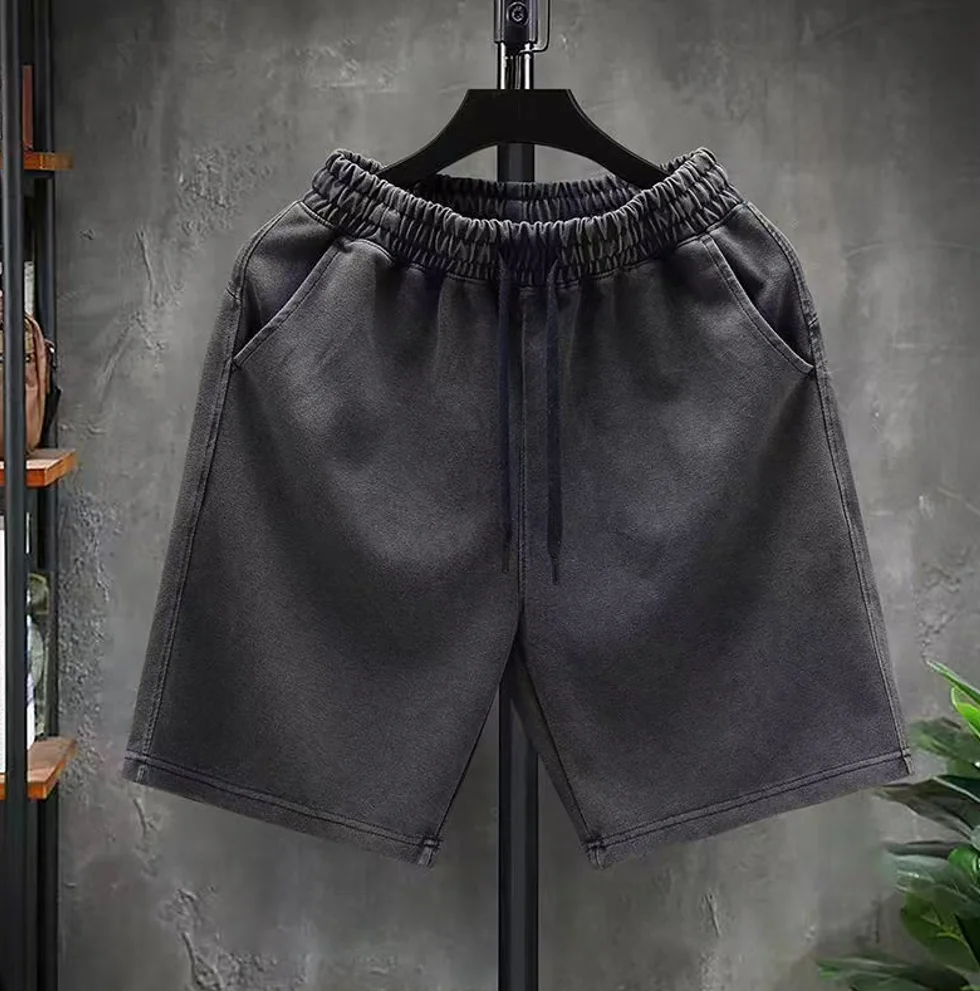 2026 Spring Summer Men Washed  Cotton Shorts Unisex Retro Vintage Distressed Drawstring Knee Length Shorts
