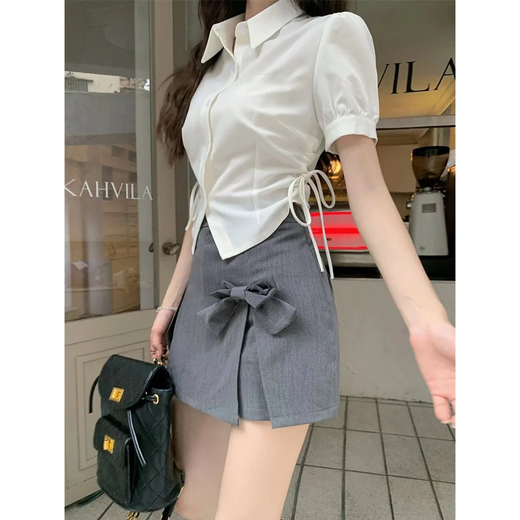 

Short Sleeve Shirts Womens Jacquard Balloon Sleeve Pintuck Slim Shirt Vintage French Artistic Preppy Student Youthful Modern