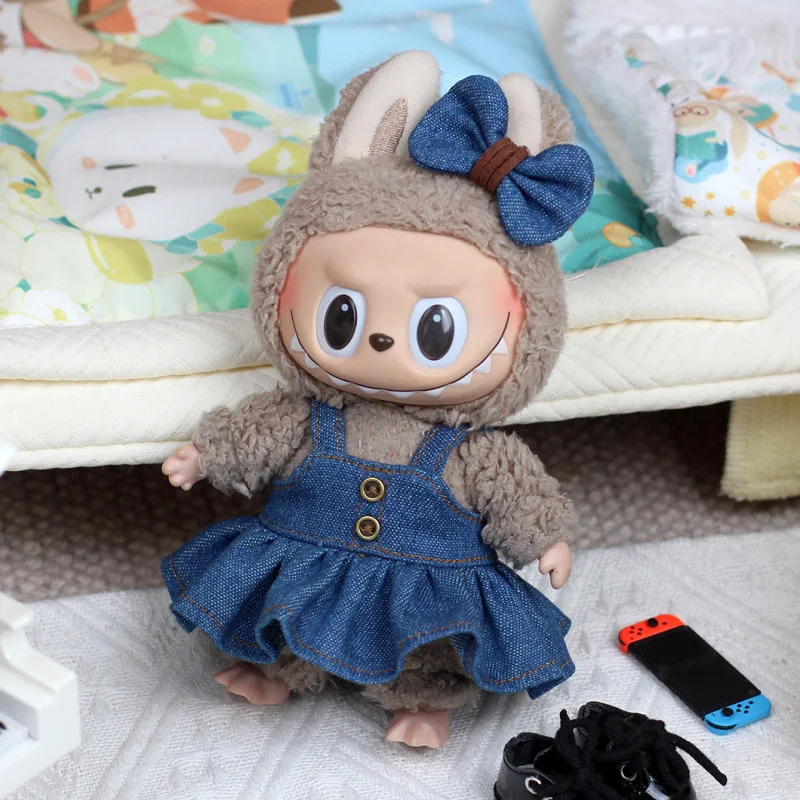 17 cm Labubu-Puppe, modisches Anzieh-Set, Jeansrock und Schleife, Ropa Labubu-Kleidungszubehör, V2/V1/V3, DIY Mini-Puppen-Outfits