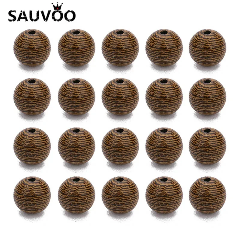 SAUVOO 100pc Natural Wooden Wenge Beads Round Spacer Stripe Beads Brown 8.5mm For Jewelry Making DIY  No Harm Beads For Kid