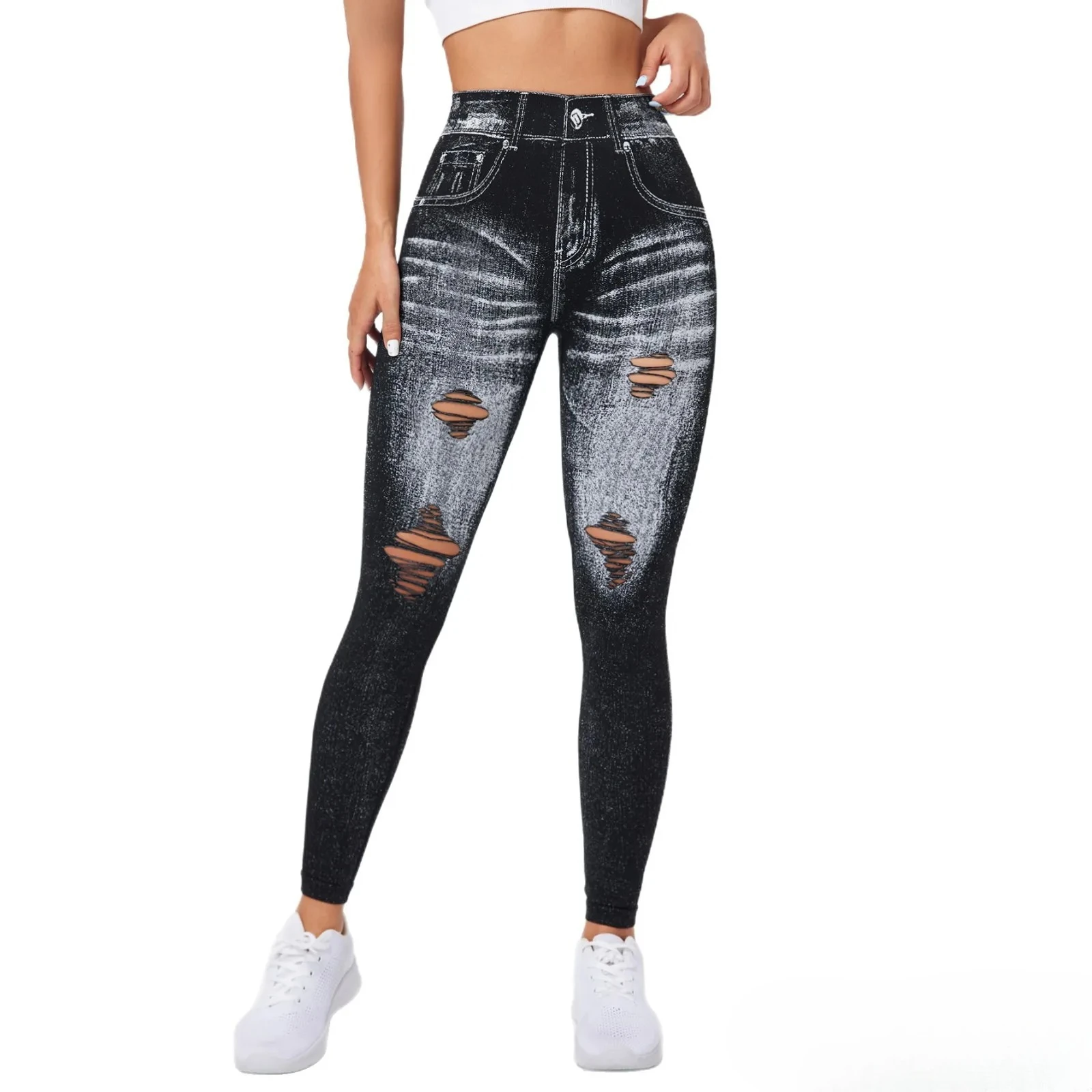 Damen Gym Bedruckte Yoga-Leggings Nahtlose Hochtaillierte Denim-ähnliche Perforierte Hosen mit Fake-Taschen Yoga Fitness Leggings – Detail 25