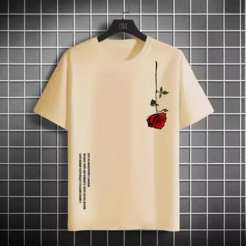 تي شيرت رجالي صيفي فضفاض مقاس 100% قطن مطبوع عليه وردة كاجوال بقصة ضيقة ورقبة دائرية وأكمام قصيرة #1