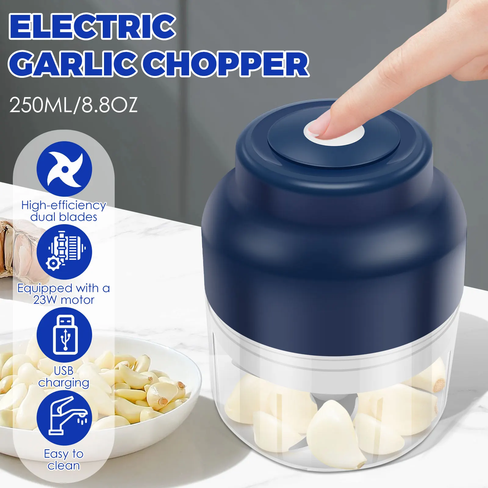Electric Garlic Chopper Portable Veggie Chopper Garlic Grinder Masher Cordless Food Processor for for Ginger, Chili, Fruit, Meat view 3
