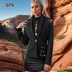 BPN Spliced Metal Hollow Out Blazer For Women Notched Collar Long Sleeve Patchwork Button Temperament Blazers Female Fashion New