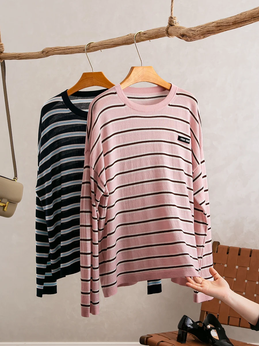 

YongLeap Early Spring New Ultra Fine Merino Wool Color Blo Striped round Ne Loose Slim Long Sve T-irt Women's Faion
