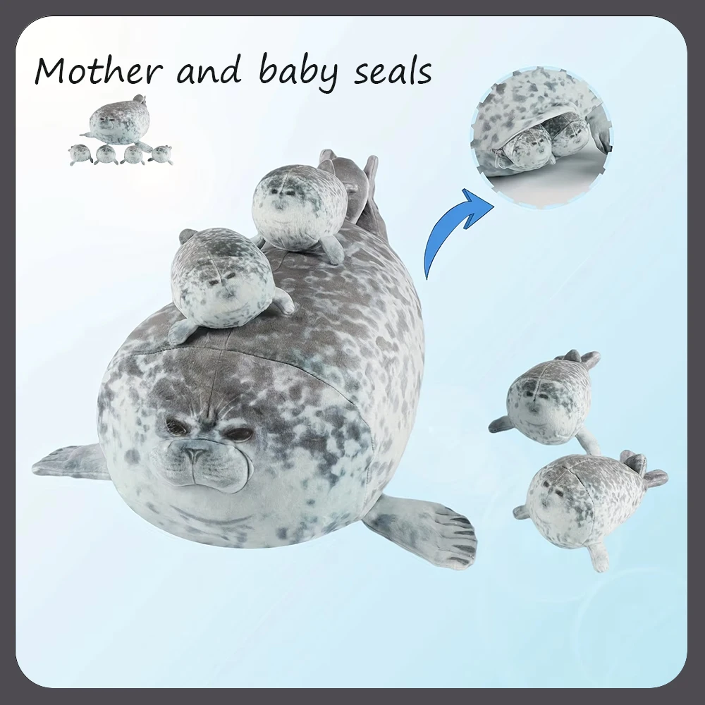 

40cm Plush Blob Seal Pillow Mother with Four Kids Seal Chubby 3D Novelty Sea Lion Doll Stuffed Toy Pillow Gifts for Kids Girls