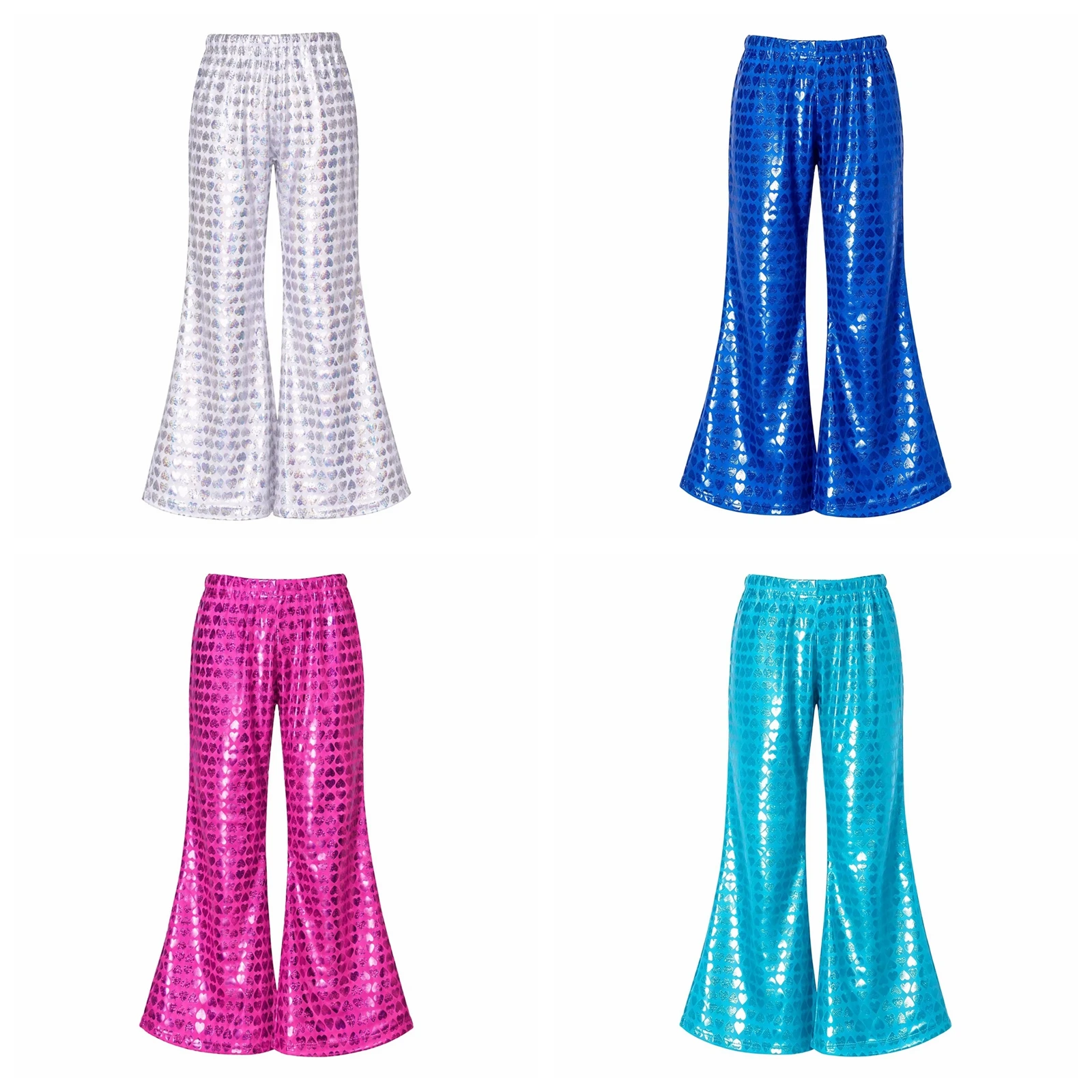 Fashion Children's Flares Boys Girls Shiny 70s Disco Rave Outfit Kids Hip Hop Trousers Jazz Dance Costume Metallic Flared Pants