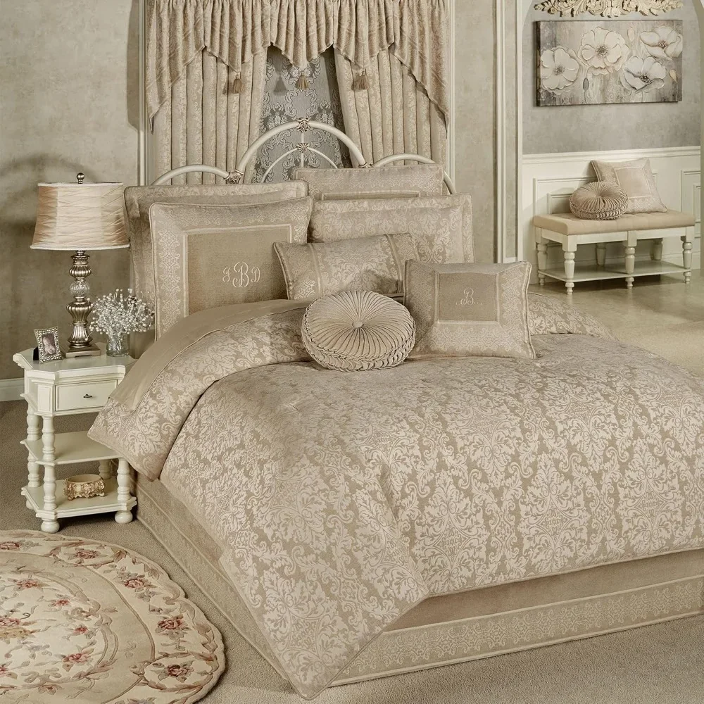 

Traditional Grandview Jacquard Woven Damask Champagne Chenille Oversized Comforter Set Cal King