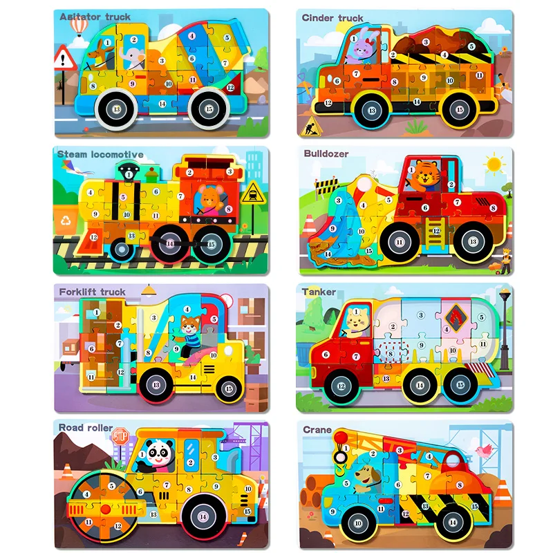 Number Wooden Puzzles Toys for Kids, Toddler Number Puzzle, 3D Car Puzzles and Engineering Vehicleal Jigsaw Toys for Boy Girl