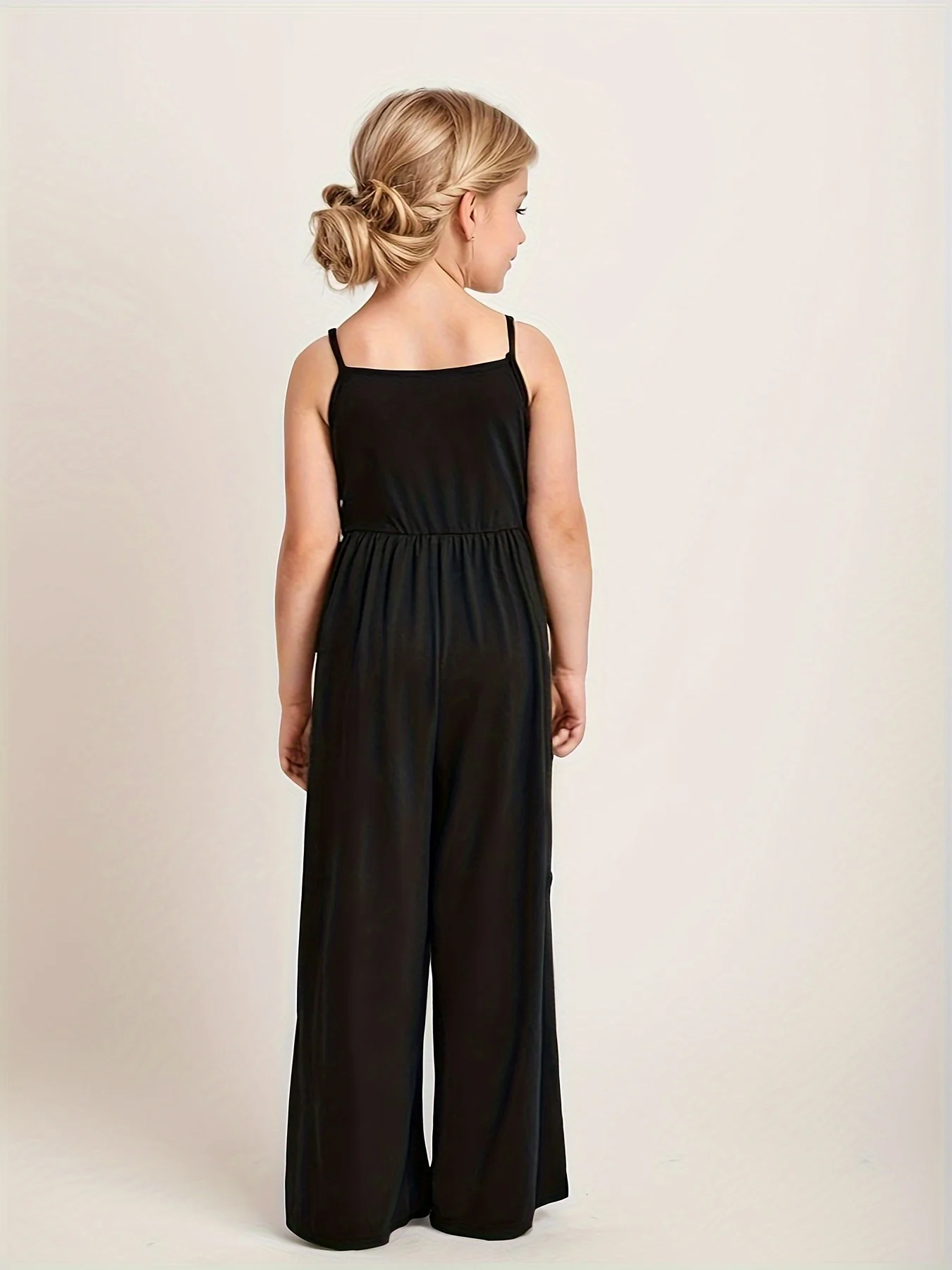 Girls Black Solid Color Spaghetti Strap Wide Leg One-Piece Jumpsuit Summer 7-14Y Casual Trendy for Everyday School Outdoor Play