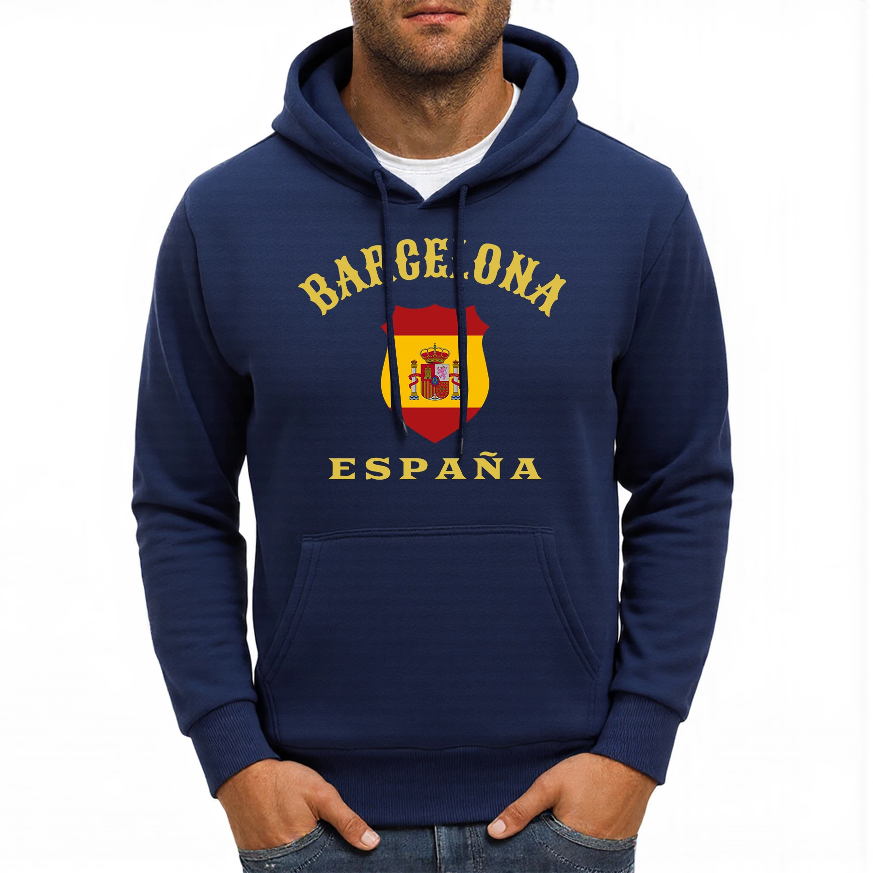 Sudaderas con capucha con estampado de insignia de Barcelona España para hombre, ropa de calle de gran tamaño de lana, Sudadera con capucha con bolsillo que combina con todo, ropa informal de otoño para hombre