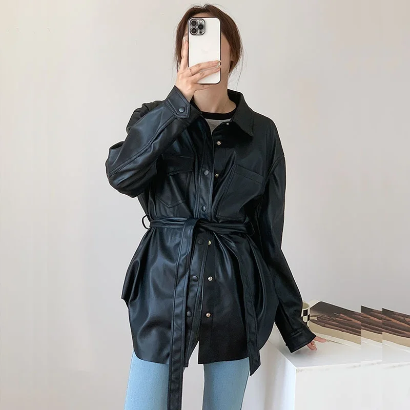 2024 Autumn Mid-length Faux Leather Jacket With Sashes Loose Pocket Black Green Women Casual Long Sleeve Biker Jacket Outerwear