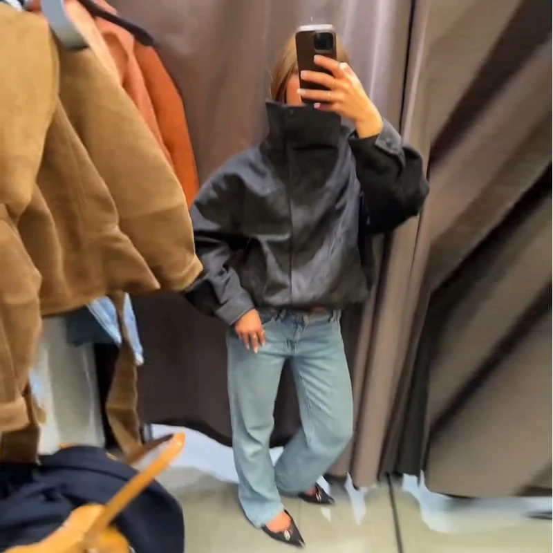 Oversize-Mäntel für Damen, Stehkragen, seitliche Knopfleiste, lange Ärmel, Jacken mit Reißverschluss, Herbst, Damen, geraffte, einfarbige, lockere Jacke, neue Oberbekleidung – Detail 4