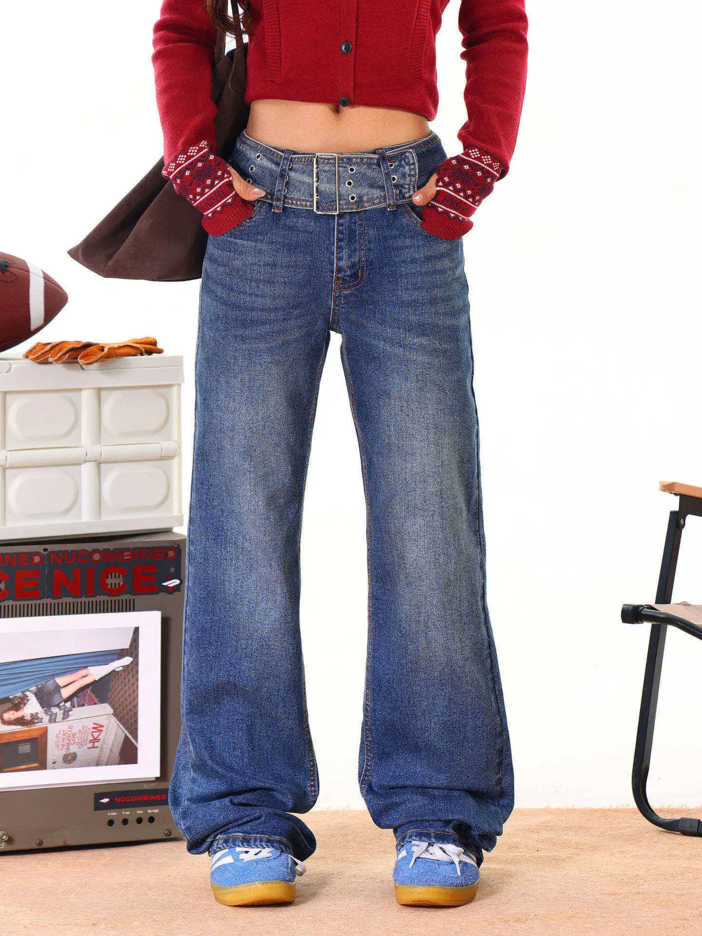 

Светло-голубые американские джинсы свободного кроя с широкими штанинами для женщин, новинка ранней весны, винтажные джинсы с высокой талией, повседневная одежда на все сезоны