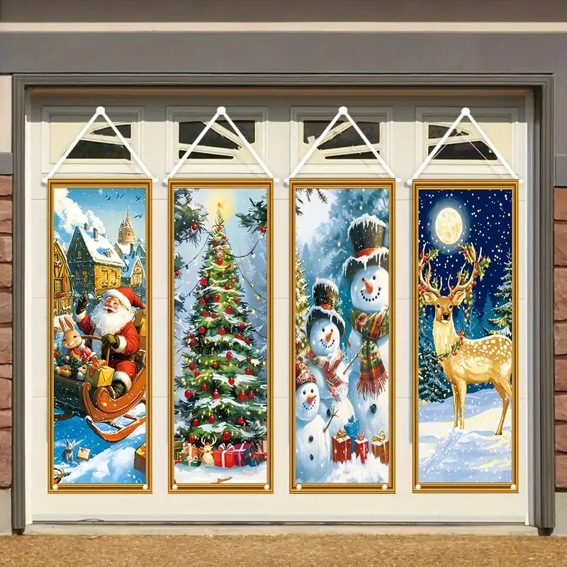 VIKAMA Wall Art Vertical Banner Set for Winter, 4 Pc Santa Sleigh Snowman Tree Reindeer Snow Scene, Cozy Holiday Wall Decor Home
