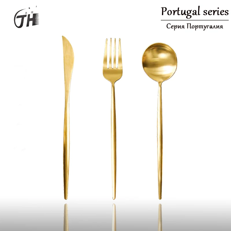 Net red Portuguese golden brushed 304 stainless steel western tableware dessert steak knife fork spoon chopsticks tableware set