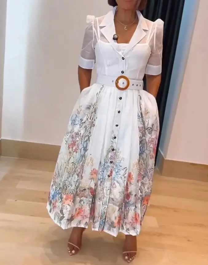 Abito da donna alla moda 2025 Primavera/estate Stile casual Stampa floreale Manica corta Vita legata Abito dettaglio Abito casual A Line Abito longuette