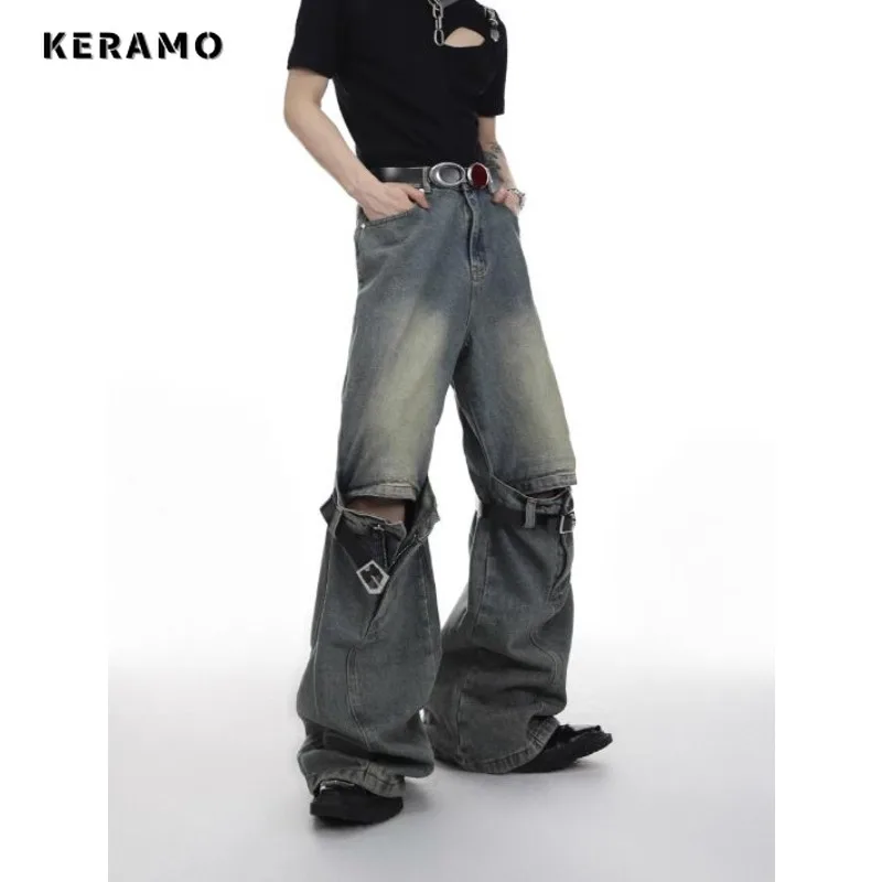 

American Retro Harajuku High Waist Vintage Y2K Loose Jeans Pants Women's Wide Leg Baggy Ripped Belted Streetwear Denim Trouser