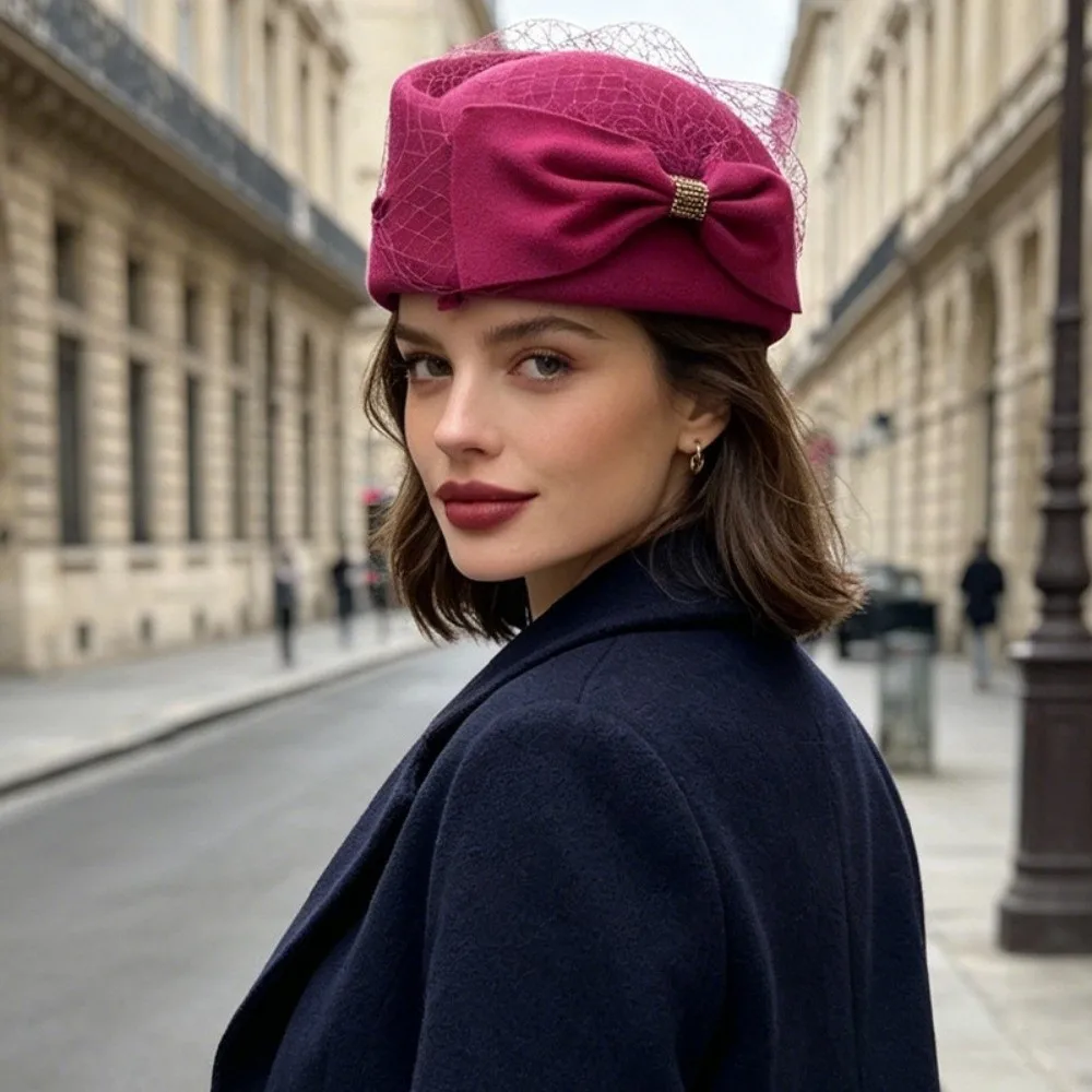 Fashion Elegant Mesh Wool Jazz Hat Warm Woolen Breathable British Style Hat Bowknot Veil Hat Evening Cocktail