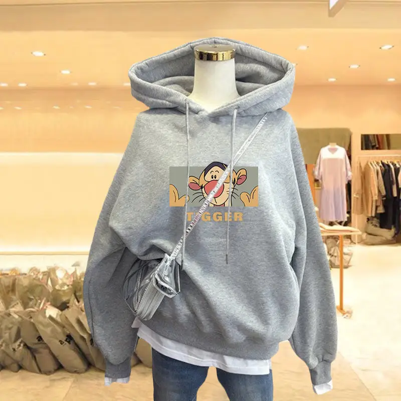 Fashion Printed Cartoon Lace Up Hooded T-Shirt Female Clothing 2023 Autumn Winter Loose Casual Tops Fake Two Pieces Tee Shirt