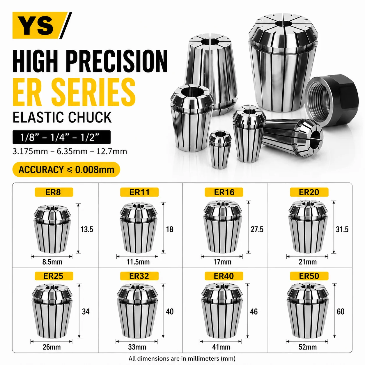 ER Collet 1/8 1/4 1/2 3.175mm 6.35mm 12.7mm High Precision 0.008mm CNC Milling Tool ER8 ER11 ER16 ER20 ER25 ER32 ER40 ER50