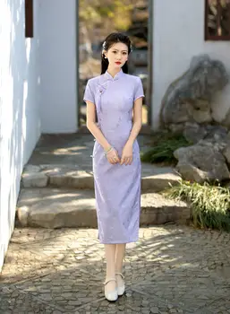 2024春季新款紫色蕾絲旗袍,青春時尚改良版女童修身旗袍,優雅旗袍 8 最佳銷售 女式旗袍 - №5