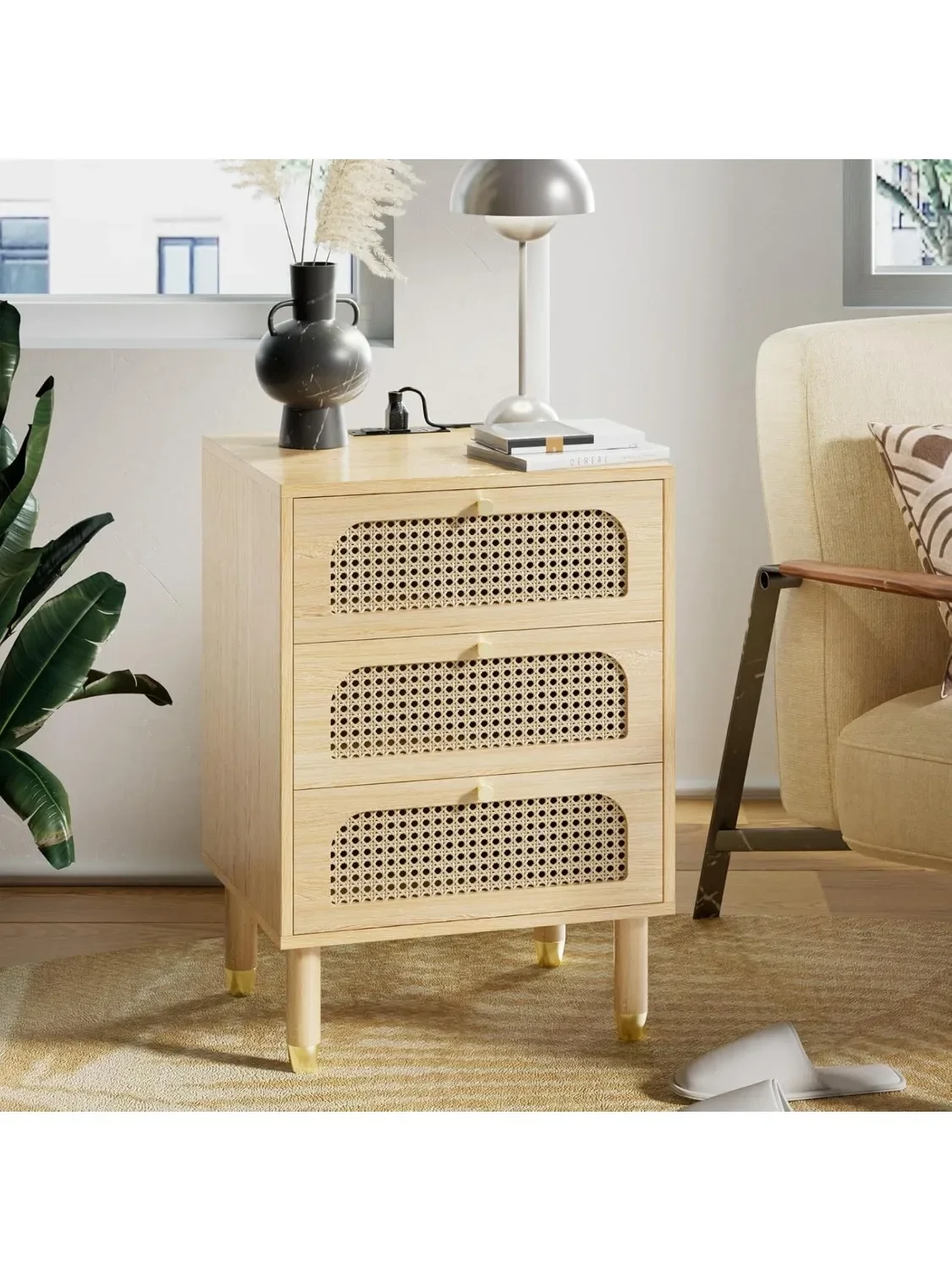 

Rattan Nightstands Set of 2 with Charging Station, Nightstand 3 Drawer Boho Nightstand End Table