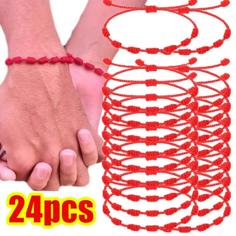 Red String Bracelets for Lucky 7 Knots Adjustable Handmade DIY Rope Bangles for Couple Frirends Amulet Jewelry Accessories