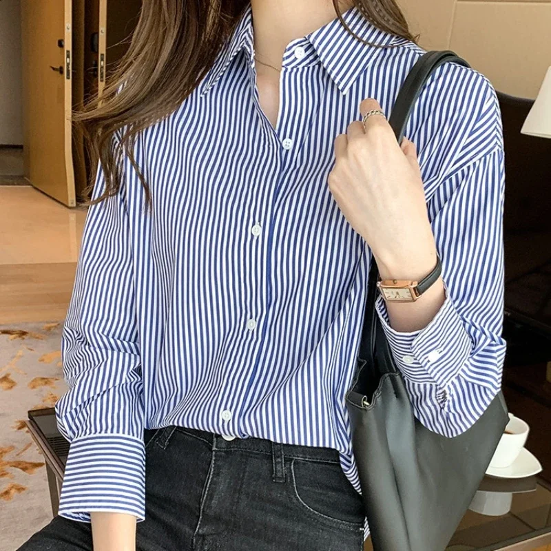 Blue Striped Shirts Women Lapel Office Lady Ulzzang Autumn Temperament Daily Basic Tops Classic Harajuku Long-sleeve New Arrival