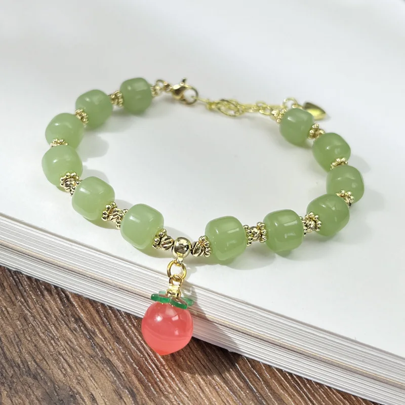 Natural Hetian Jade Peach Pendant Exquisite Bracelet Female Niche Design Bracelet Beads Sweet Cute Girlfriend Hand Jewelry Gift