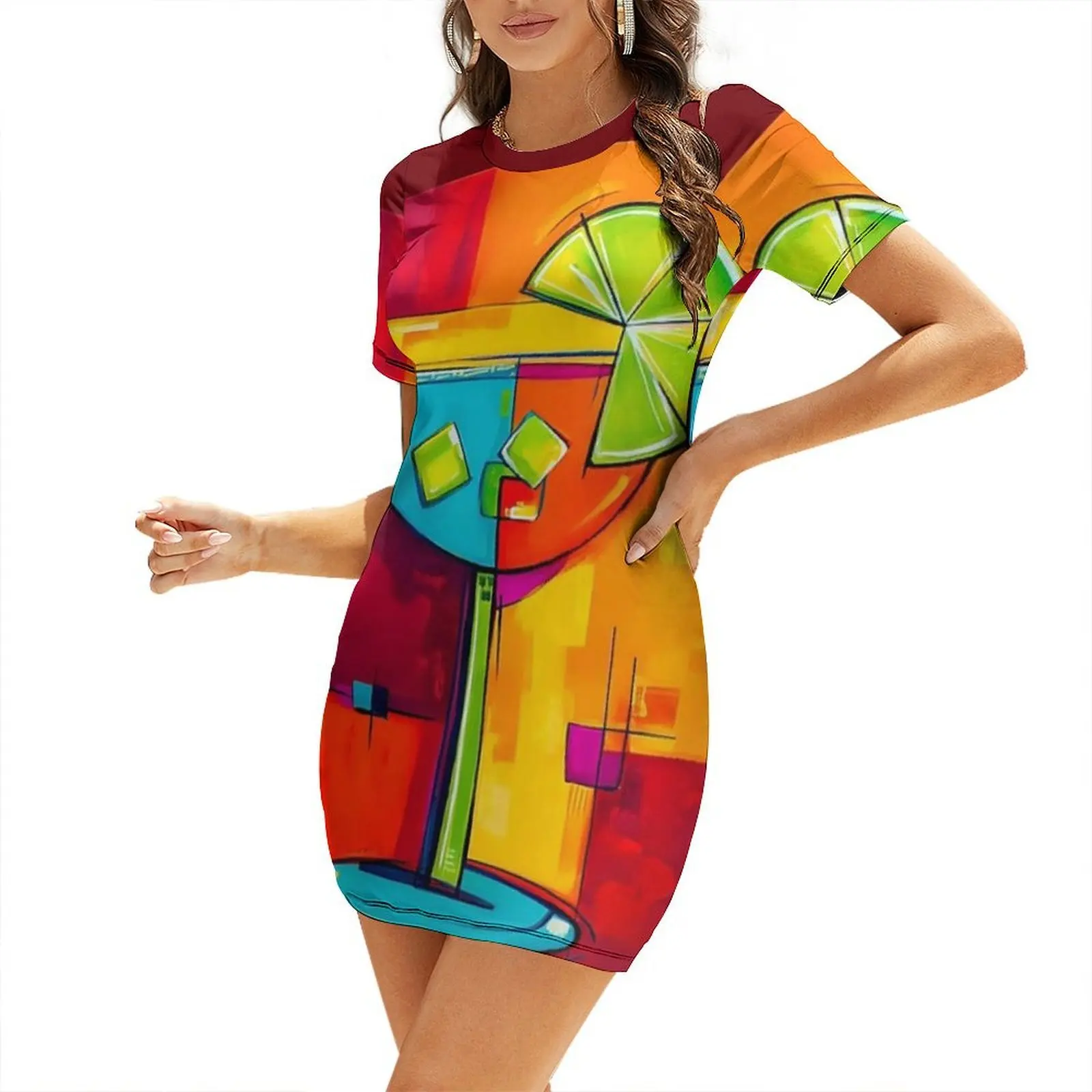 

Summer Cocktail Delight - Vibrant Glass with Lime Slice Set Against Bold Geometric Background Short-Sleeved Dress