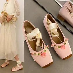 New Women's Flat Footwear Pink Ballet Women Single Shoes Fashion Lace Up Girl Mary Jane Shoes Sweet Flowers Ladie Spring