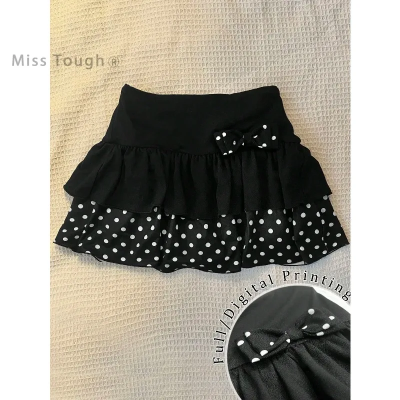 Japanese Y2K Cute Polka Dot Piano Print Mini Skirt Women High Waist Ruffle Bow Trim Casual Party Music Festival Daily Outfit New