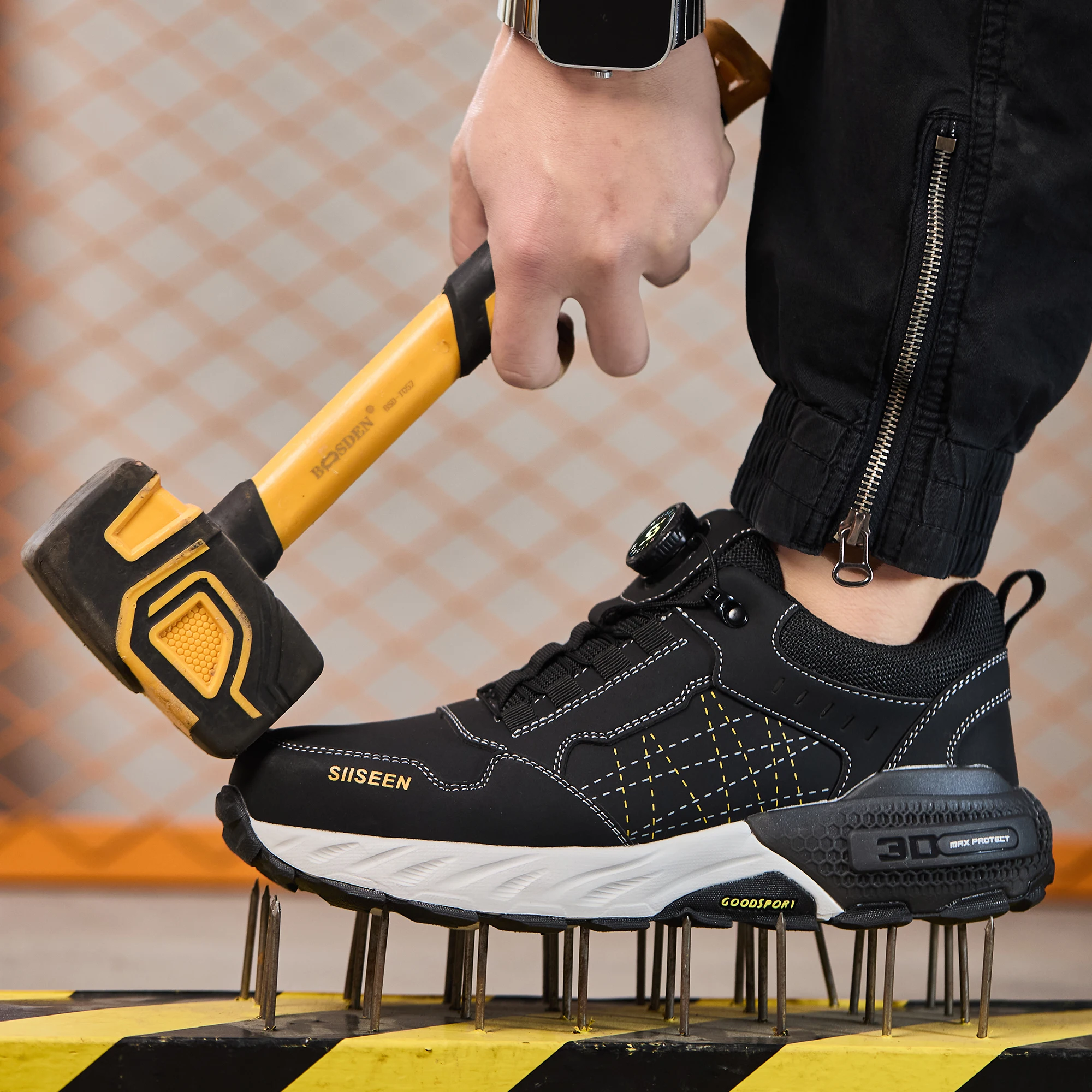 Men's safety shoes with anti - impact steel toes, puncture - resistant Kevlar, and rubber anti - slip soles for industrial work.
