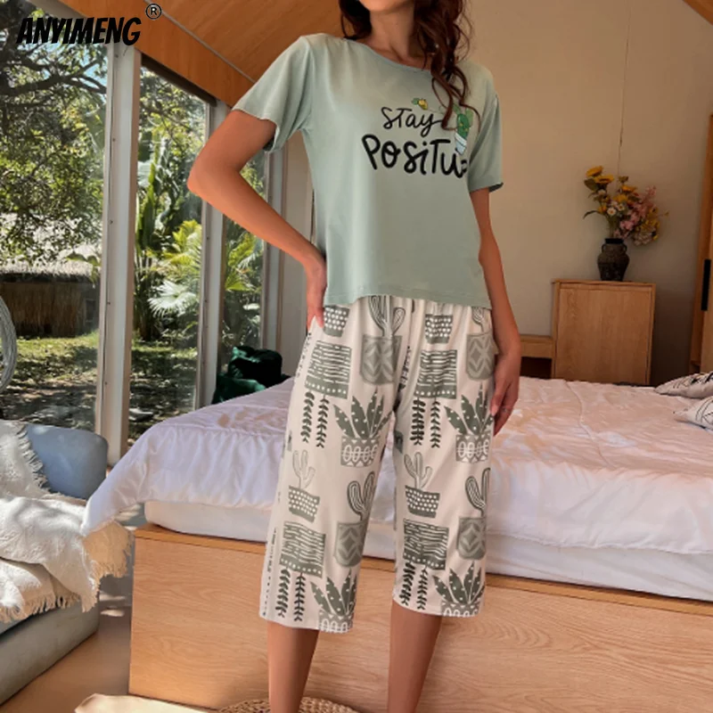 Women Capris Pajamas Set Summer Calf-length Pijamas Milk Silk Sleepwear Leisure Loungewear Chic Homewear Short Sleeves Nightwear