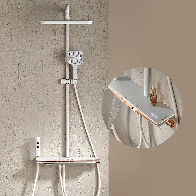 

White Shower Set For The Bathroom Wall Mount Apartment Gray Piano Button Digital Display Shower System Modern Bath Set