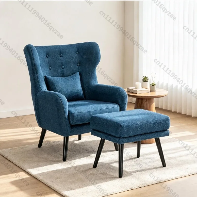 Button Tufted Decorative Wing Back Chair with Footstool Fabric Upholstered Armchair