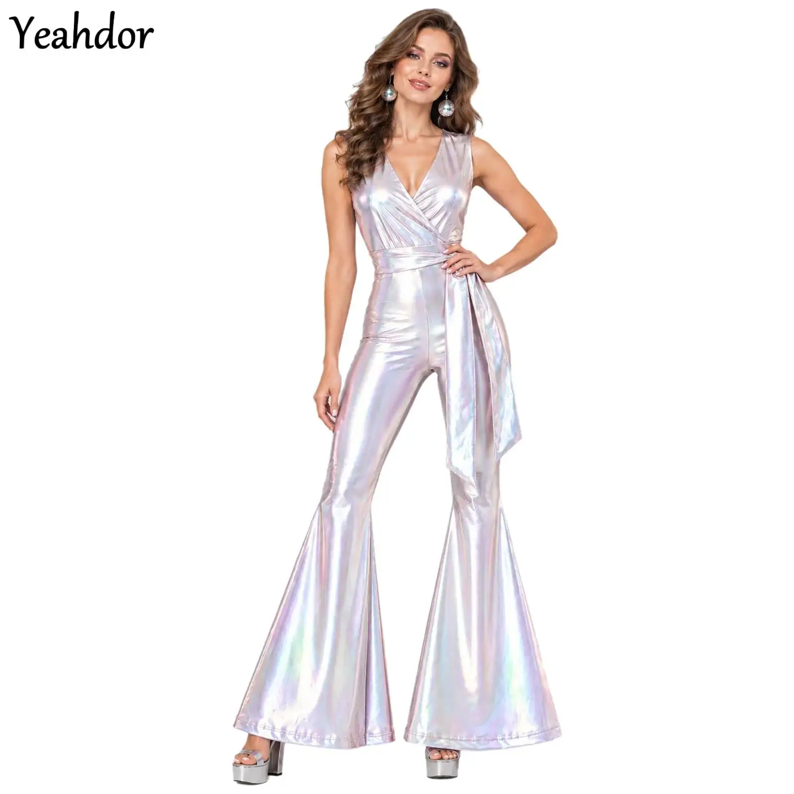 Mono de baile de jazz metálico brillante estilo disco de los años 70 para mujer, mono acampanado con cuello en V, sin mangas, estilo hippie, con pantalones de campana y cinturón.