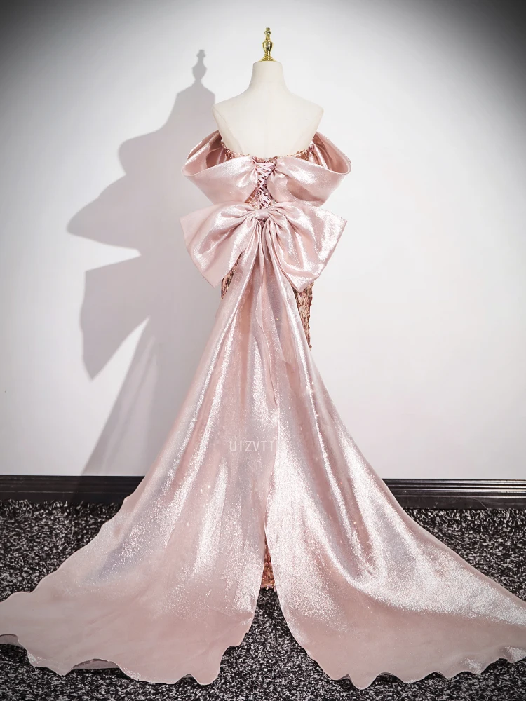 Pink Shiny Prom Gowns Off the Shoulder Big Bow Cape With Long Train Evening Party Dresses Customized Strapless Wedding Dresses