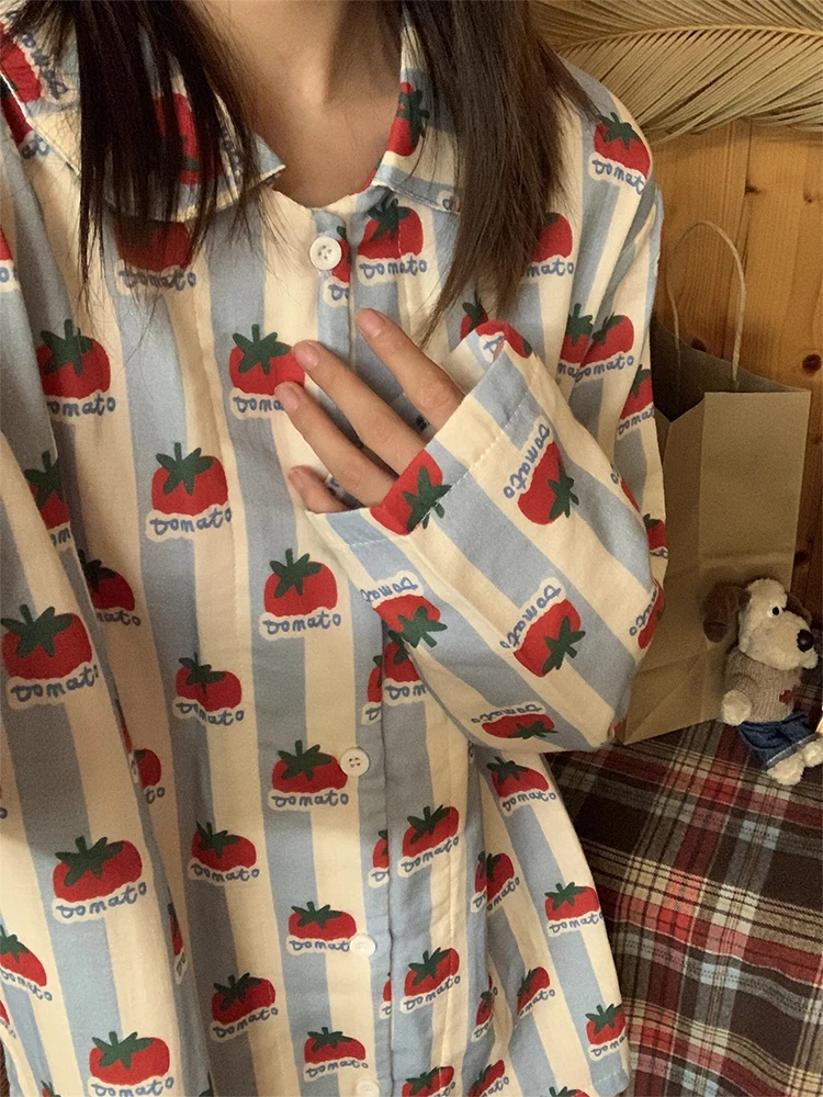 

Sweet Korean Sle Long Sve ato Print Spwear Set Women's Spring Autumn Loose plus Size Home Clothes Set