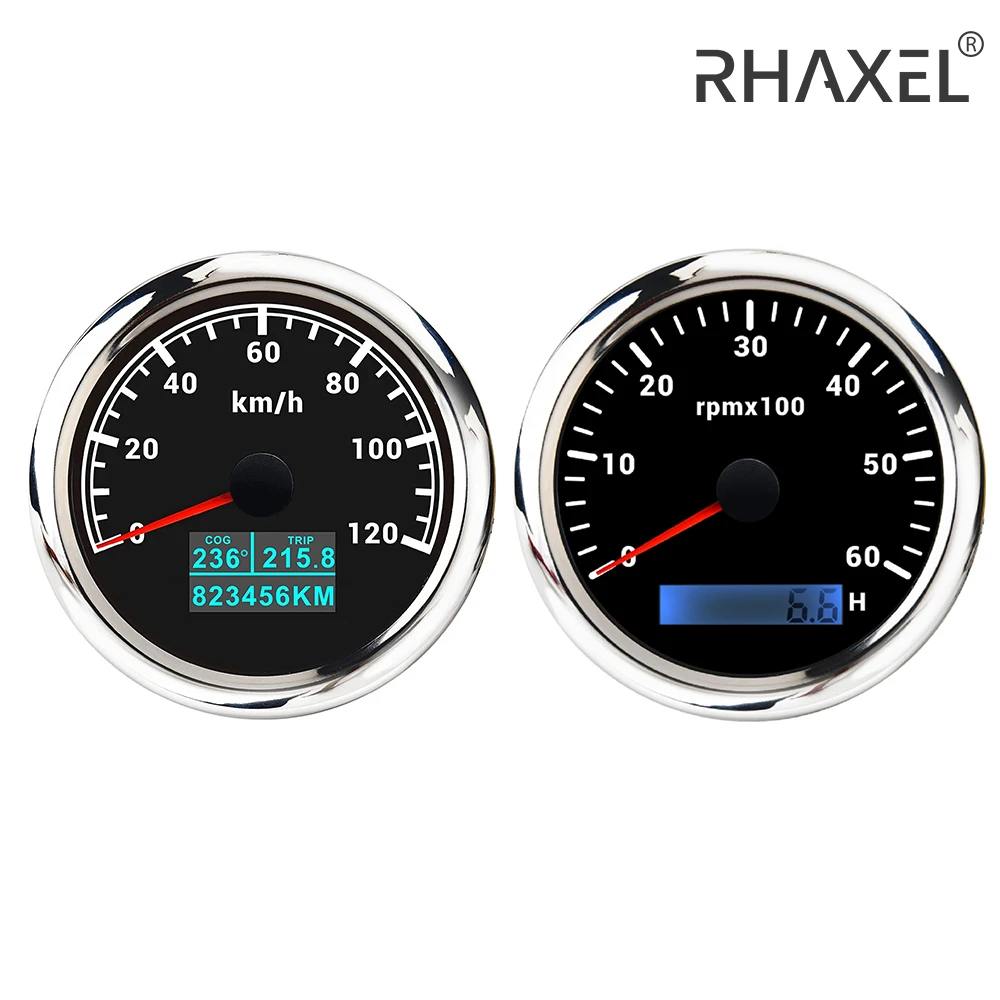 RHAXEL Gauge Kit 3 3/8'' Speedometer 120km/h GPS Tachometer 6000RPM Engine with 7 Colors Backlights 12Volt 24V for Truck VAN RV