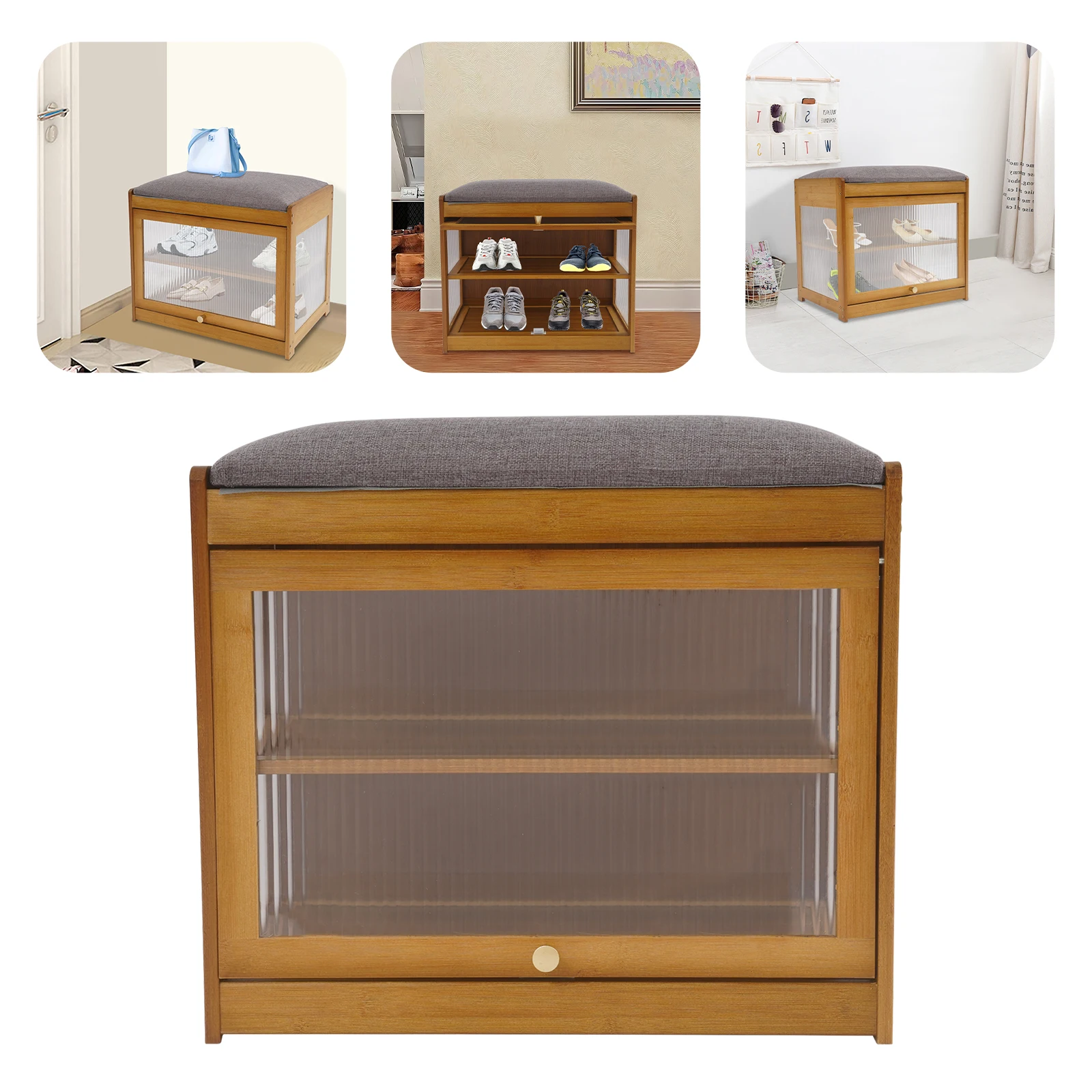 Schoenenbank in de hal - Bruine schoenenrekbank met kussen, 2-laags opbergruimte 165,35 lbs Belasting 50x32x44cm Acryldeur en magnetisch scharnier