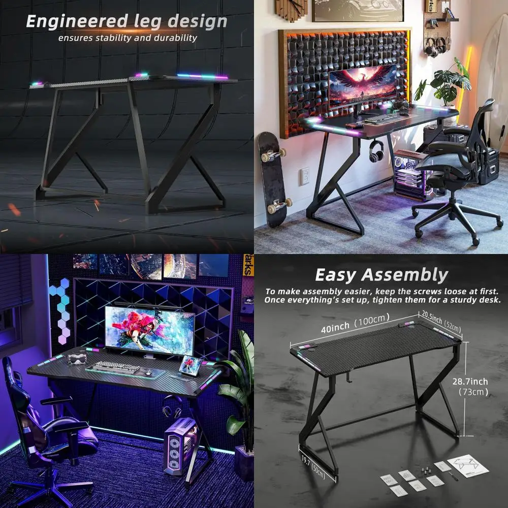 

Carbon Fiber Gaming Desk with LED Lights, 40 Z-Shaped PC Workstation for Gamers, Black