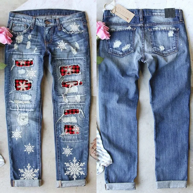 

2024 European Fashion Straight Leg Jeans Female Christmas Snowflake Print Patch Fabric Ripped Denim Pants