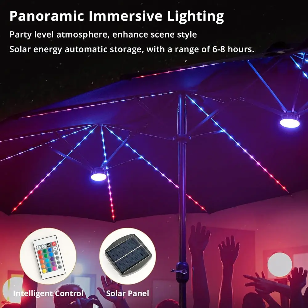 15ft Solar-Powered Patio Umbrella with RGB Lights and Base for Outdoor Decks and Poolside