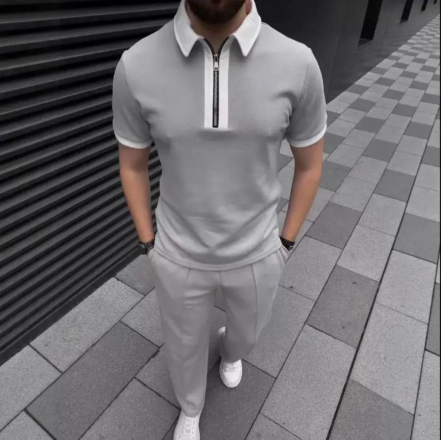 

Men's short sleeved T-shirt set with slim fit patch zipper folding collar, men's golf polo summer T-shirt, streetwear, breathabl