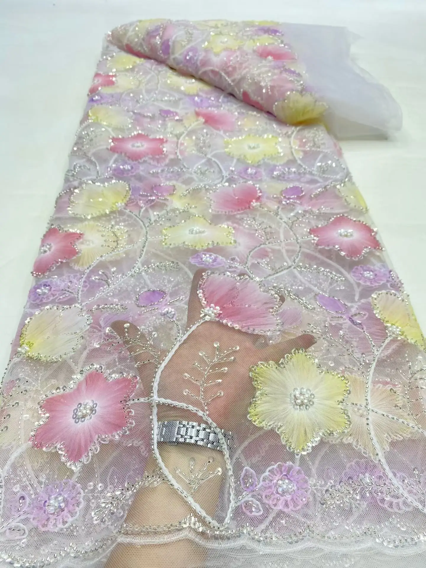 

African Nigerian 2025 High-Quality Sequins Embroidery Tulle Lace Fabric Dresses Sewing Beads Stone for Prom 5Yards DP0462