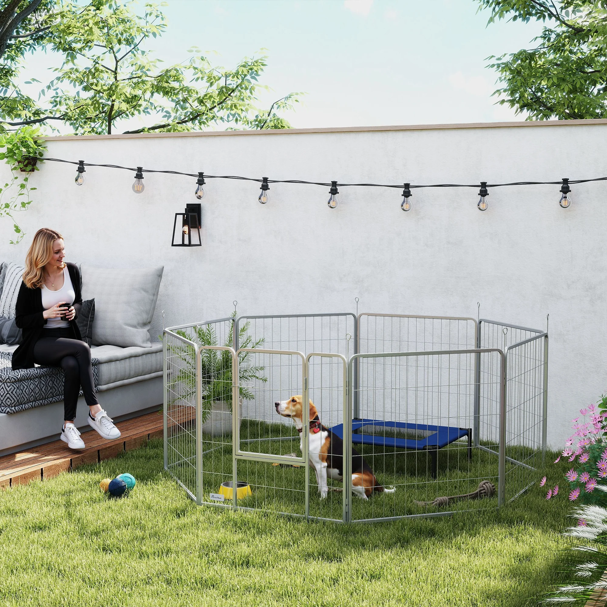 80 cm hoch, 8-teiliger Hundelaufstall mit Gurt und Tür, ideal für kleine bis mittelgroße Hunde, Meerschweinchen, Kaninchen. Stahl, Silber. – Detail 2