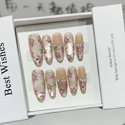 Press On Acyrlic Ice Cat's Eye Handmade Fake Nails Long Almond 3D Mirror Flower Pearls Decor Nude French False Nails Wearable
