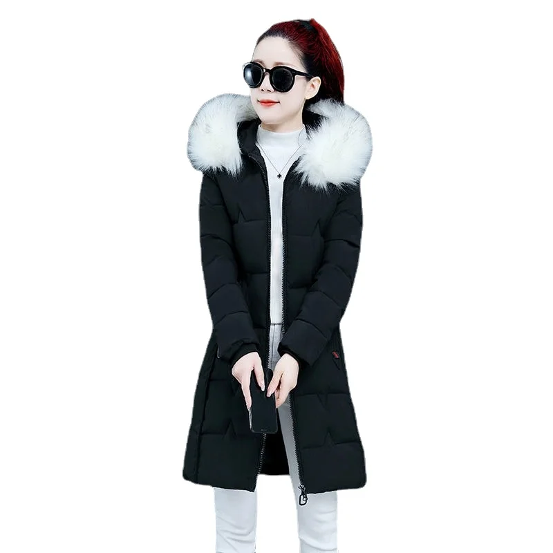 2023 New Women Down Jacket Winter Coat Female  Medium Length Parkas Warm Large Wool Collar Cotton Outwear Hooded Overcoat